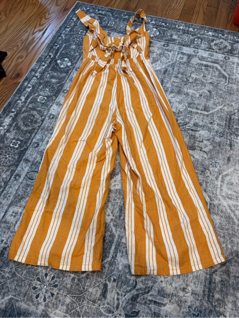 Striped Mustard Wide-Leg Button-Front Jumpsuit with Straps - Picture 3 of 3